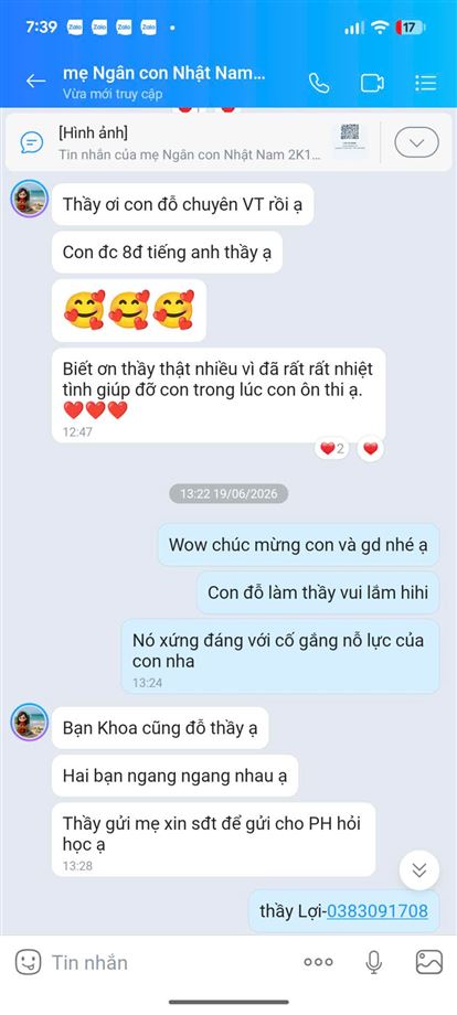 Chúc mừng Nhật Nam đỗ chuyên VT