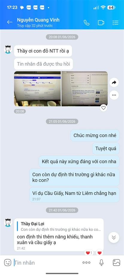 Chúc mừng Quang Vinh đã xuất sắc trúng tuyển 3 trường chất lượng cao