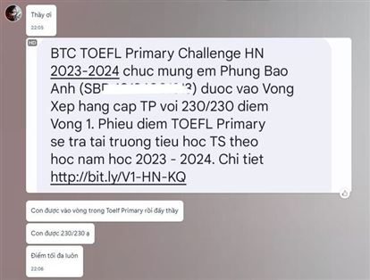 ❤Chúc mừng con gái Bảo Anh đã vượt qua TOEFL Primary Challenge với điểm số tối đa 230/230 nhé!