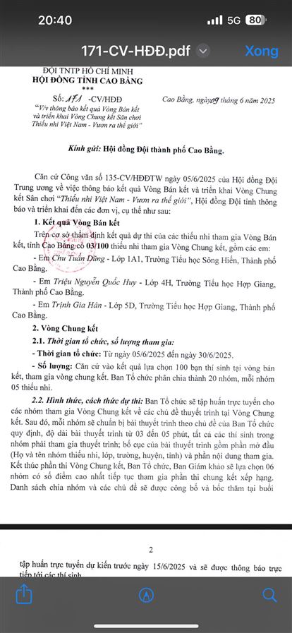 Chúc mừng Gia Hân được vào vòng chung kết cuộc thi THIẾU NHI VIỆT NAM - VƯƠN RA THẾ GIỚI của tỉnh. 