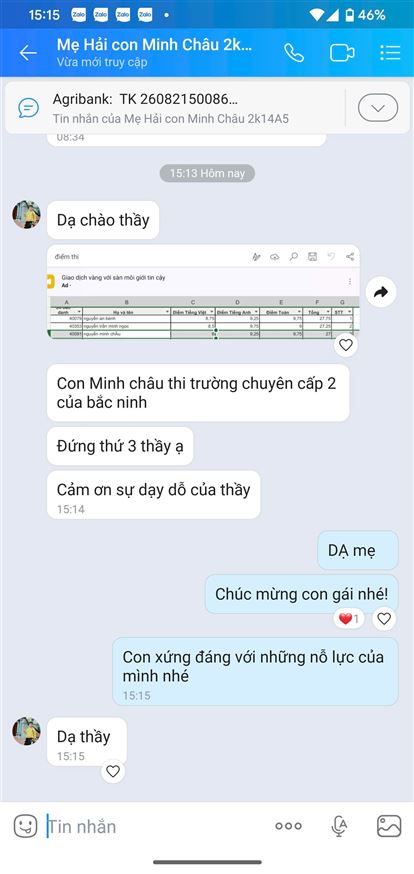 Chúc mừng Minh Châu với vị trí thứ 3 của chuyên Bắc Ninh dành cho học sinh cấp 2 nhé. 