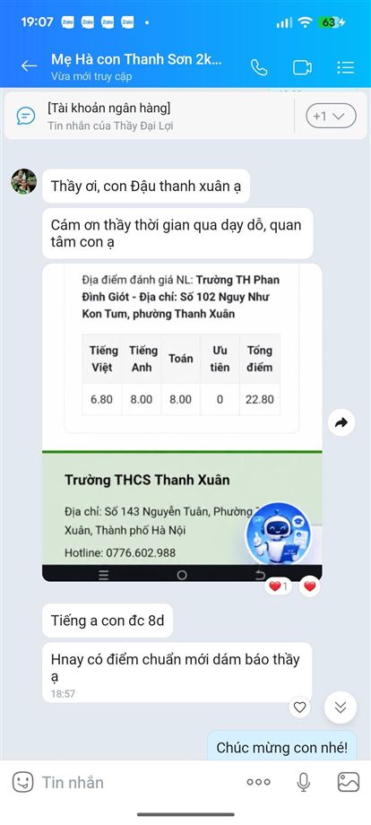 Chúc mừng Thanh Sơn đậu trường Thanh Xuân