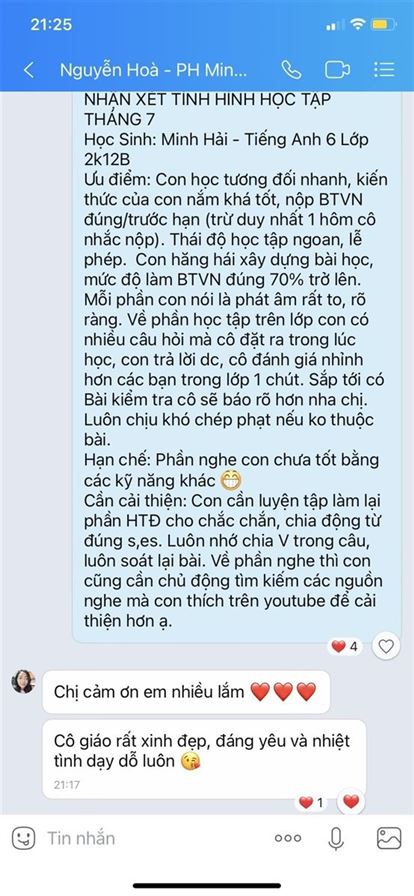 Phản hồi của phụ huynh về thầy cô trong trung tâm