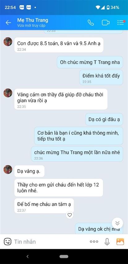 Phản hồi của phụ huynh khi con học với thầy Lợi