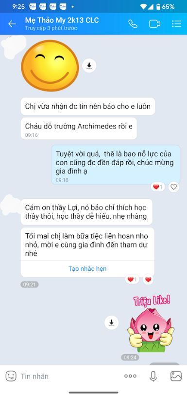 Chúc mừnng con Thảo My đỗ Archimedes