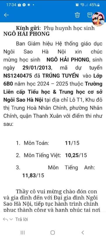 Chúc mừng con Ngô Hải Phong đỗ Ngôi Sao