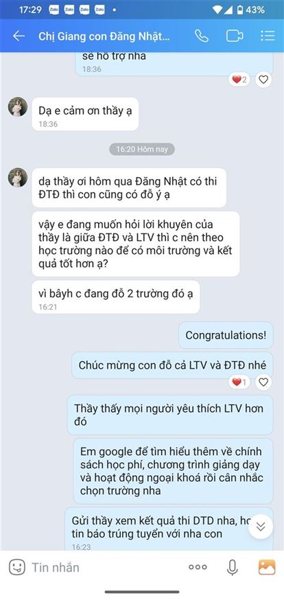 Chúc mừng con Đăng Nhật đỗ cả 2 trường LTV và ĐTĐ!