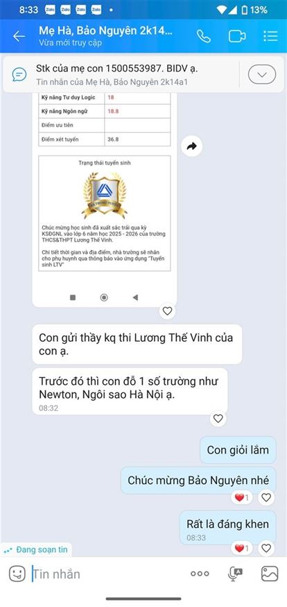 Chúc mừng Bảo Nguyên đỗ THCS Lương Thế Vinh!