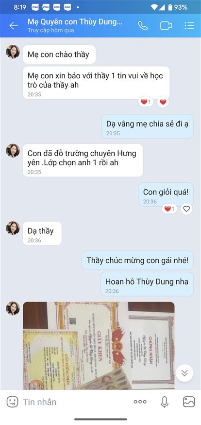 Chúc mừng Thùy Dung đã đỗ Chuyên Hưng Yên 