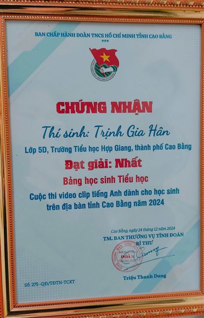 Giải Nhất duy nhất của tỉnh trong cuộc thi video clip tiếng Anh dành cho học sinh của Gia Hân - lớp 2k13A3 