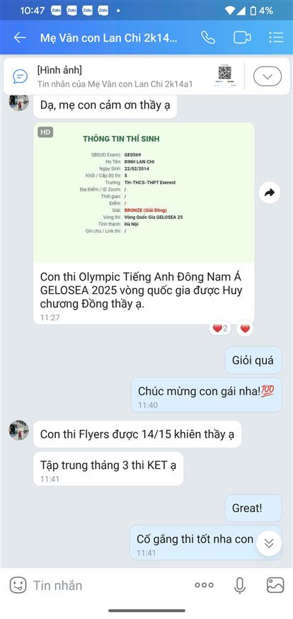 Chúc mừng bạn Lan Chi đã đạt được huy chương đồng cuộc thi Olympic Đông Nam Á GELOSEA 2025