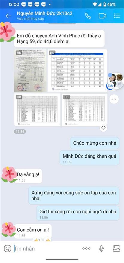 Chúc mừng Minh Đức 2k10C đỗ chuyên Vĩnh Phúc
